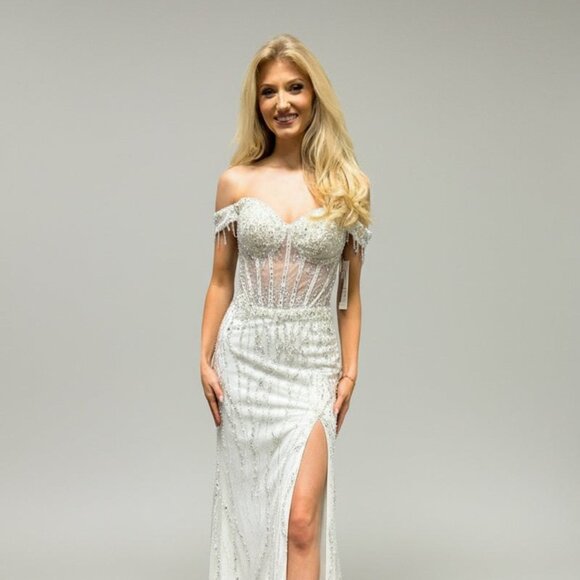 New Off Shoulder Long Ceremonial Sheath Gown w/ Sequins Embroidery & TL3043C - Picture 1 of 9